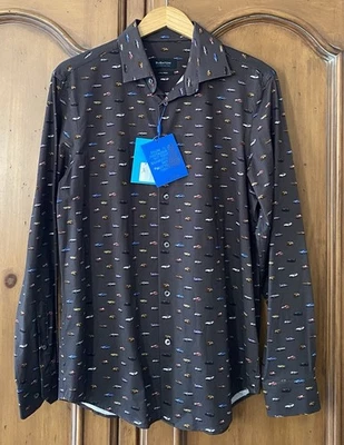 BUGATCHI Medium Cotton Tech 8 Way Stretch Long Sleeve Knit Car Print Shirt - Image 1 of 4