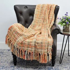 Boho Throw Blanket with Decorative Tassels Multi-Color Chenille Knitted Plaid - Picture 1 of 67