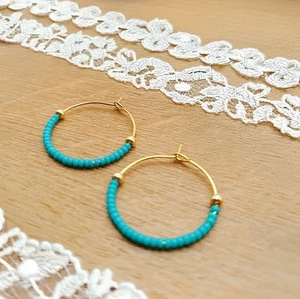 Gold Plated Hoop Earrings with Turquoise and Gold Miyuki beads HANDMADE - Picture 1 of 3
