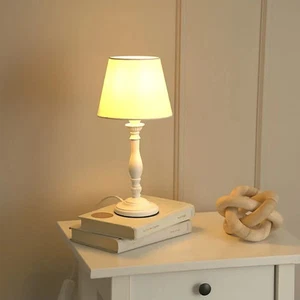 Pair of White Wood Candlestick Bedside Table Lamp with a Tapered Shade - Picture 1 of 4