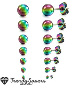Hypoallergenic Stainless Steel Multicolour Rainbow Cartilage Ball Stud Earrings - Picture 1 of 8