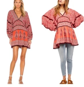 Free People Boho Luna Tunic Dress Medium Balloon Sleeve Red Combo Lace Paisley - Picture 1 of 8