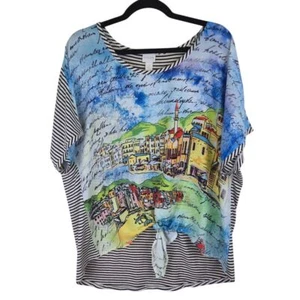 Chicos Women Short Sleeve Shirt Large Stripes City Europe Artsy Art to Wear Boho - Picture 1 of 6