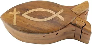Christian Fish Handcrafted Wooden Puzzle Box Wood Intarsia Jewelry Trinket Box - Picture 1 of 2
