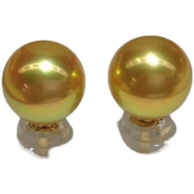 ENORME AAAA 10-11mm Real Mar del Sur REDONDO Natural Dorado Perla Pendiente Oro 14k Foto 1 de 4
