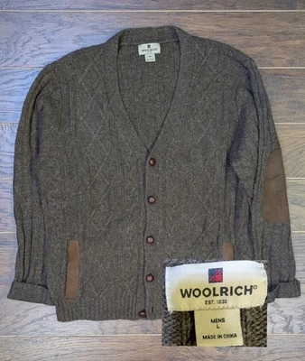 Cárdigan Woolrich Grande Lana Argyle Tejido Suéter Marrón Con Parche de Cuero Codos Foto 1 de 4