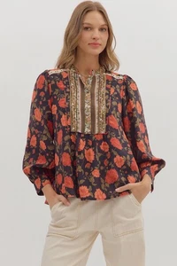 Entro Women's Blooming Roses Floral Print Lace Trim Long Sleeve Top - Picture 1 of 7
