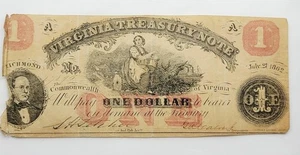 1862 $1 Virginia Treasury Note, No. 77895  Richmond, Plain Reverse - Picture 1 of 6