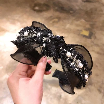 Diadema de encaje para mujer tela de corbata nudo de perlas diadema bandas aro para cabello accesorios Foto 1 de 4