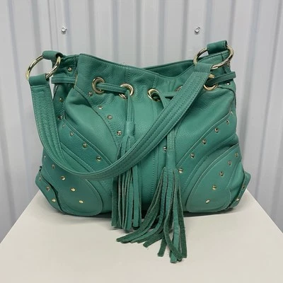 Bulga Teal Studded Butterfly Leather Fringe Tassel Slouchy Hobo Shoulder Bag - Image 1 of 4