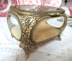 Antique Ormolu Beveled Glass JEWELRY Trinket BOX Ornate Floral Design Vintage - Picture 1 of 7