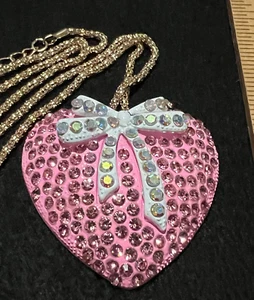 PINK Heart w/ Ribbon and Crystals, Rhinestones Necklace 2x2 - Picture 1 of 6