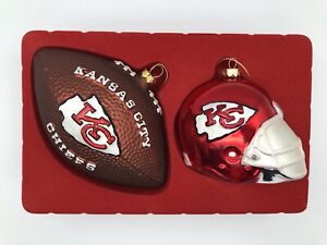 NFL Kansas City Chiefs Helmet and Football Blown Glass Ornament Set EUC