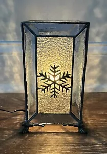 Vintage Stained Glass Electric Table Accent Lamp Blue Silver Snowflake Footed - Picture 1 of 12