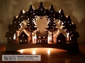 3D-Schwibbogen Vorlage Dorf mit 3 Häuser + Sockel 57cm Laubsägen Bauplan - Bild 1 von 3