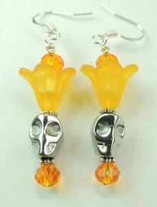 Hämatit Totenkopf & orange Kristall & Acryl Blumen Ohrhänger Halloween Boo - Bild 1 von 1