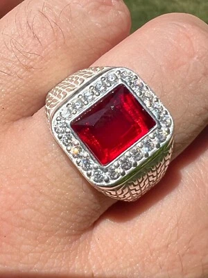 Mens Real 925 Sterling Silver Iced Simulated Red Ruby & CZ Hip Hop Ring Sz 6-13 - Image 1 of 4