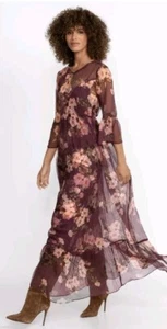 Johnny Was Kleid Winonna Seide transparent Blumen Schlupf Rüschen Boho Maxi Gr. S NEU - Bild 1 von 17