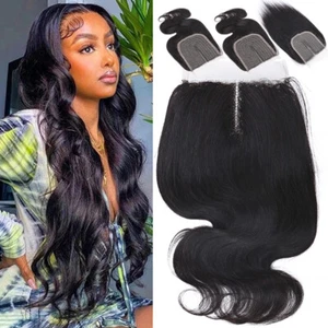 T Part Lace Closure Virgin Human Brazilian Hair Extensions Body Wave Pre Plucked - Picture 1 of 12