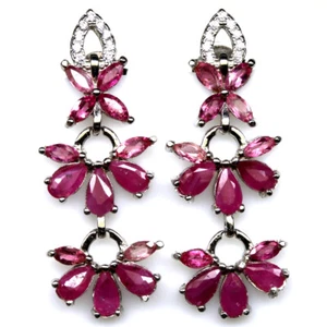 Gemstone Pink Ruby, Tourmaline & Zircon Earrings 925 Silver White Gold - Picture 1 of 4