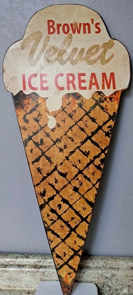 TIN SIGN Brown's Velvet Ice Cream Cone Distressed Tin Sign 28 H X 12.5 - Image 1 of 4