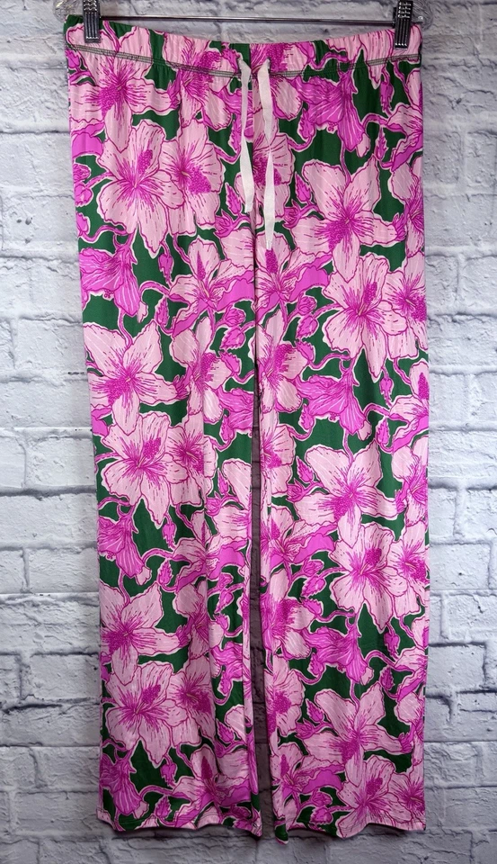 Lilly Pulitzer Knit Pants Medium Kelly Green Hibis Kiss Lounge Pink Hibiscus - Image 1 of 4