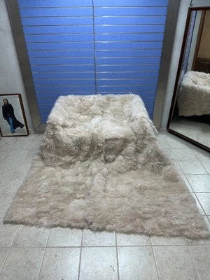 Natural Beige Mongolian Fur Throw Real Fur Bedspread / Blanket Carpet Kingsize - Image 1 of 4