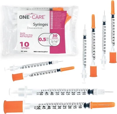 ONE-CARE Syringes 0.5 ml/cc, 30G x 5/16"(8mm), Orange Cap, 0.5ml - x 8mm