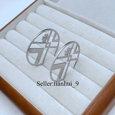 New! Tory CHEVRON CUT OUT LOGO, HOOP EARRINGS IN SILVER Size:4.4*4.4cm - Image 1 of 4