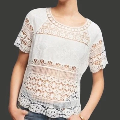 Top Anthropologie Deletta Marilyn Crochet Mujer XS Blanco Granola Niña Boho Foto 1 de 4