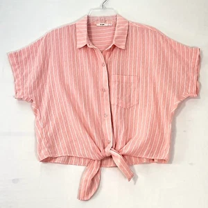 MIAMI Front Knot Top Womens L Coral Swiss Dot Button Up Cropped Boxy Roomy Airy - Picture 1 of 14