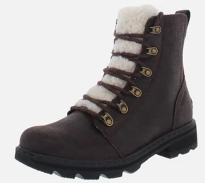 Sorel Lennox Lace Cozy SZ 6.5 Waterproof Leather Shearling Brown Black Boots NEW - Picture 1 of 3