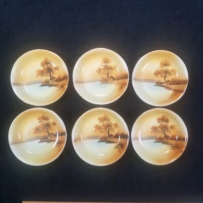 Noritake Tree in Meadow Berry Bowls Set 6 Gold Rim 5 1/4" Lake Sunset Vintage - Image 1 of 4
