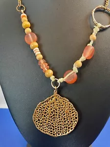 Signed ROBERT ROSE Vintage Necklace Large Orange Beaded Disc Pendant 18" - 20" - Bild 1 von 11