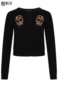 Sugar Skull Floral Cardigan Goth Embroidered Knit Long Sleeve Round Neck Sweater - Picture 1 of 5
