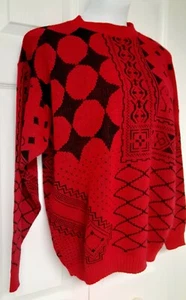 Petite Medium donna vintage? Maglione JUST KNITS rosso nero LS geometrico USA LEGGI - Foto 1 di 6