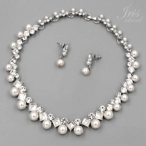 Pearl Crystal Necklace Earrings Bridal Wedding Jewelry Set 08166 Rhodium Plated  - Picture 1 of 7