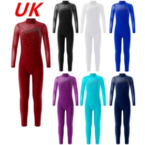 UK Kid Girls Shiny Gymnastics Leotard Long Sleeve Jumpsuit Ice Skating Dancewear - Picture 1 of 60