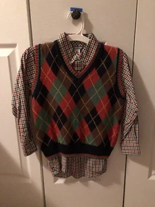 Boys Hartstrings Blue Orange Check Button Down Shirt 7 Argyle Vest New - Picture 1 of 5