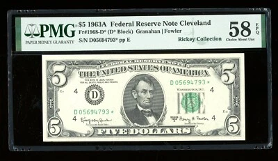 DBR 1963-A $5 FRN Cleveland STAR Fr. 1968-D* PMG 58 EPQ Serial D05694793* - Image 1 of 2