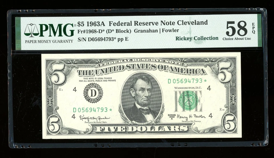 DBR 1963-A $5 FRN Cleveland STAR Fr. 1968-D* PMG 58 EPQ Serial D05694793* - Image 1 of 2