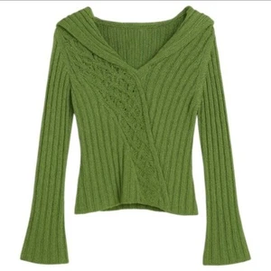 VTG TWIGGY Green Knit Hoodie Sweater Women XL Ribbed Y2K Cottagecore Cozy Cotton - Picture 1 of 7