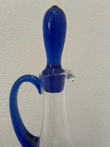 Vintage mundgeblasene Glaskaraffe Kobaltblau Träne Stopfen Griff geätzte Vase 15" - Bild 1 von 24