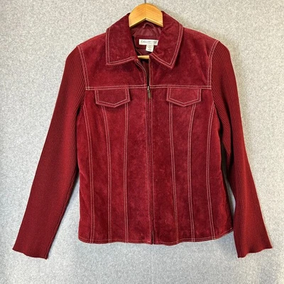 Coldwater Creek Size 6 Burgundy Red Suede Leather Zip Jacket Knit Sleeve Western - Image 1 of 4