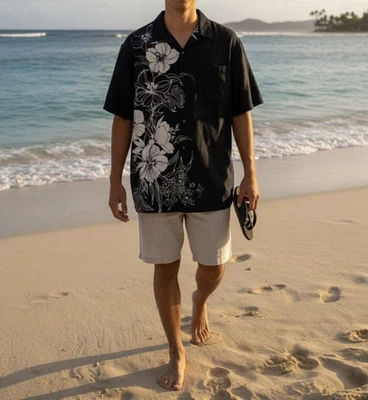 Iolani Hawaii Black White Button Down Shirt L XL Bark Cloth USA Pocket - Image 1 of 4