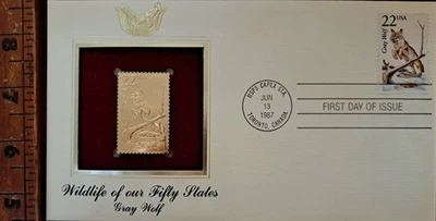 First Day Cover: Gray Wolf: Wildlife of 50 states 24k golden rep Issued 6/13/87 - Image 1 of 4