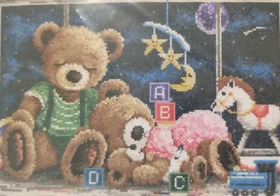 Janlynn Goodnight Bears Counted Cross Stitch 14x10 Blocks Train Star Moon Kit - Image 1 of 4
