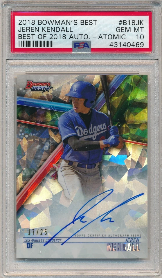 2018 BOWMAN'S BEST JEREN KENDALL AUTO ATOMIC REFRACTOR #/25 PSA 10 GEM MINT  - Image 1 of 1