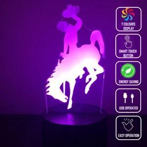 RODEO COWBOY BUCKING BRONCO 3D Acrylic LED 7 Colour Night Light Touch Table Lamp - Picture 1 of 7
