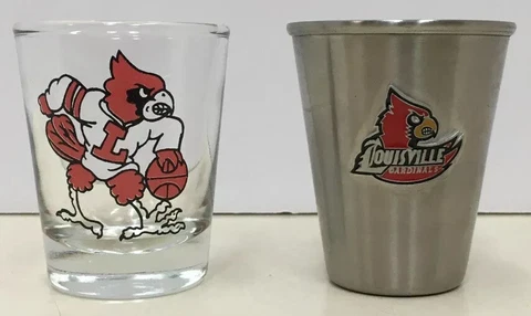 Louisville Cardinals Shot Glass Lot Of 2 Pre Owned Vintage Basketball & Metal Cover